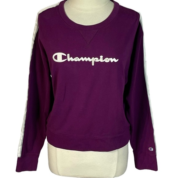 Champion Women's Purple and White Heritage Crew Satin Stitch Logo Sweatshirt - Picture 3 of 8